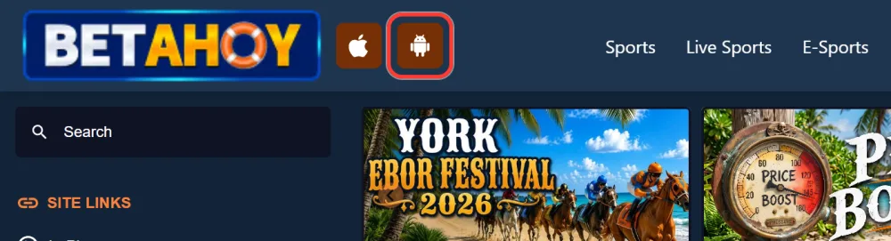 Android download icon next to the BetAhoy logo on the site header