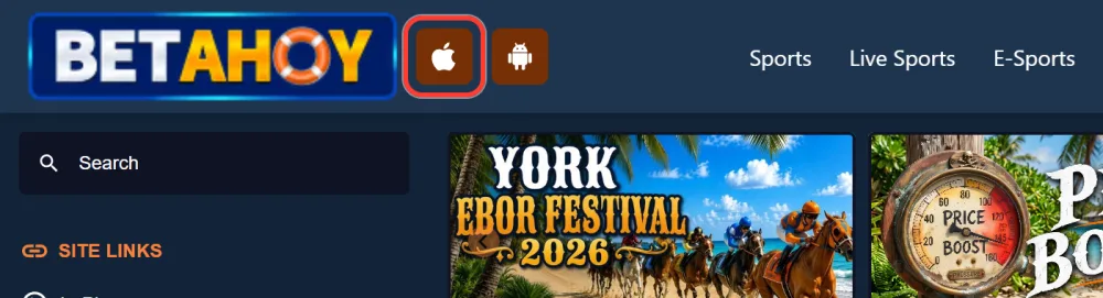 Apple download icon next to the BetAhoy logo on the site header