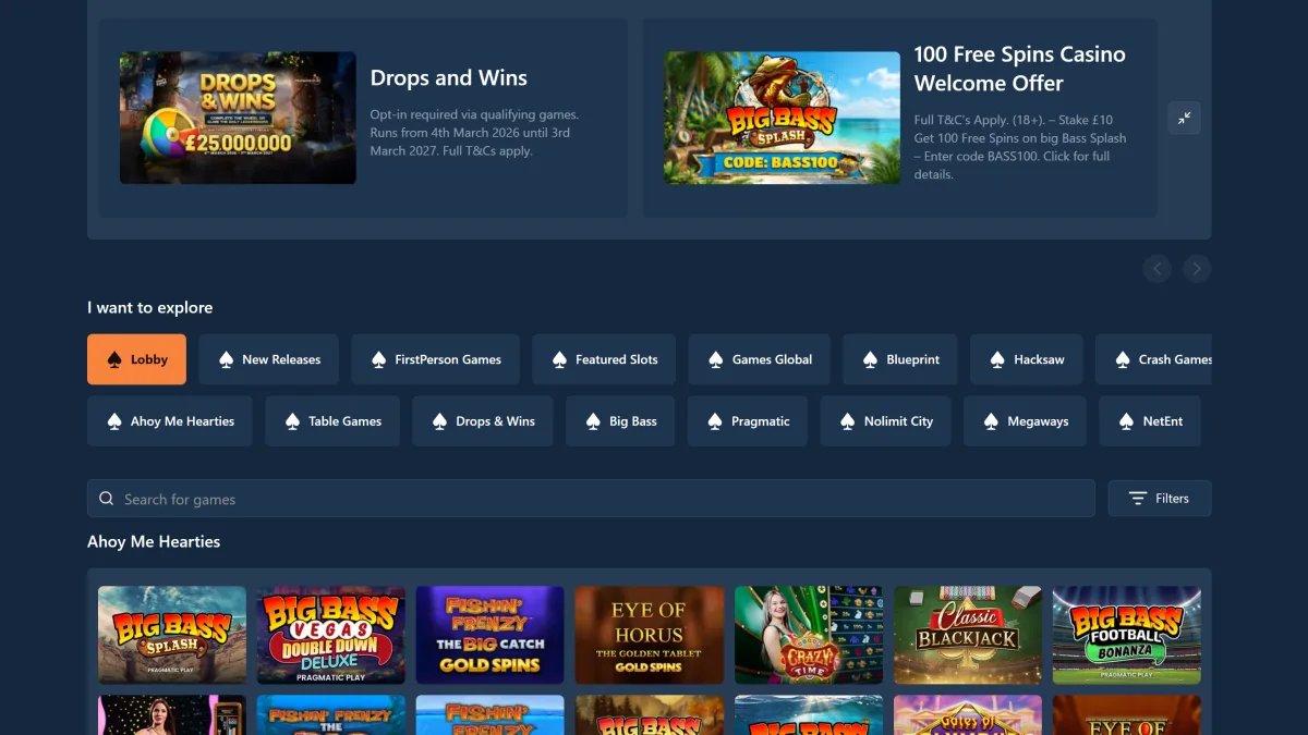 BetAhoy casino lobby with the Ahoy Me Hearties slot selection and category filters