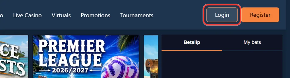Login button in the top right corner of the BetAhoy site