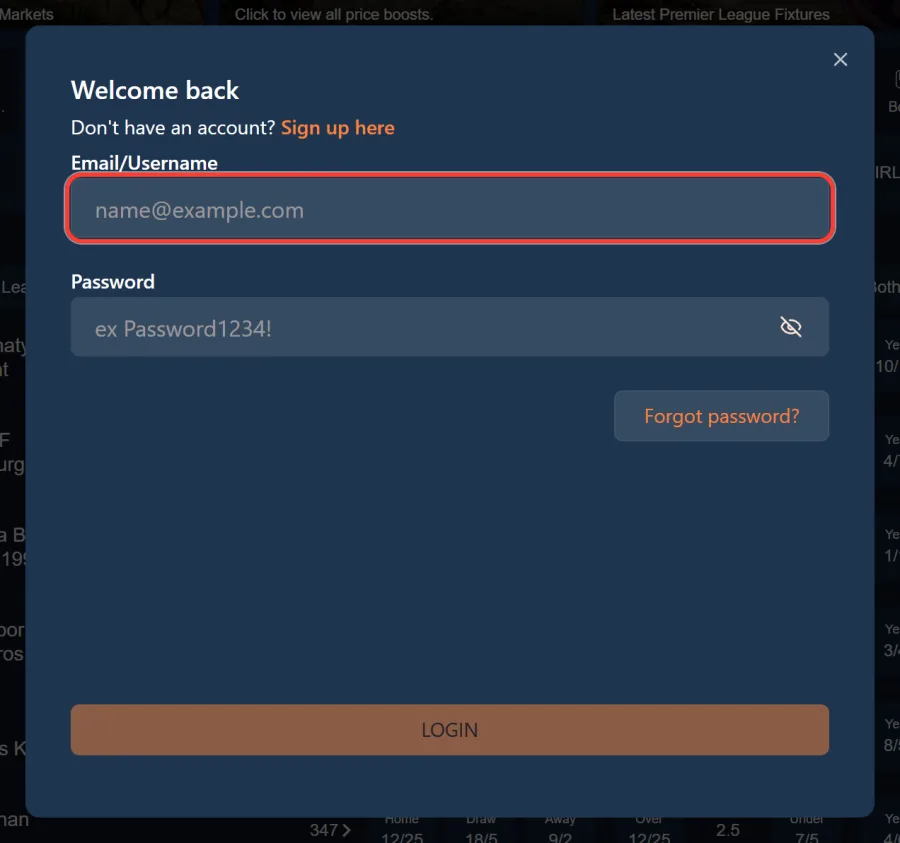 Email or username field in the BetAhoy login window