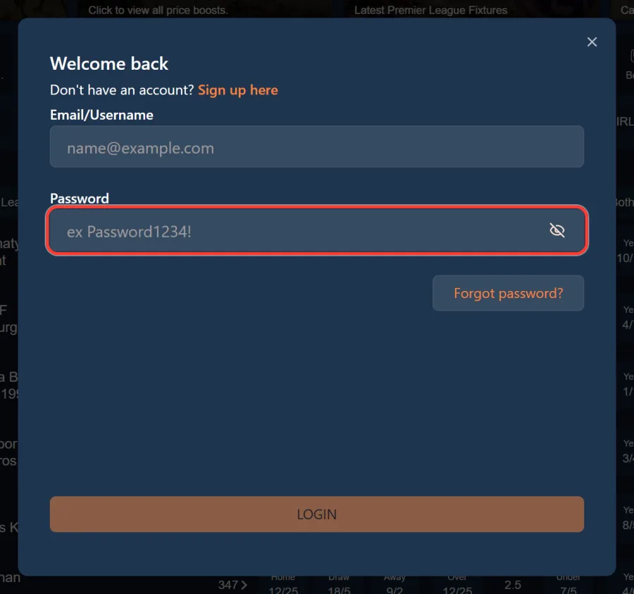 Password field with the show password icon in the BetAhoy login window