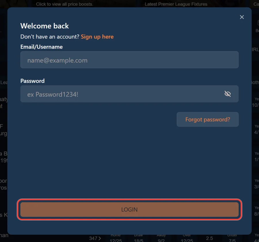LOGIN button in the BetAhoy Welcome back window