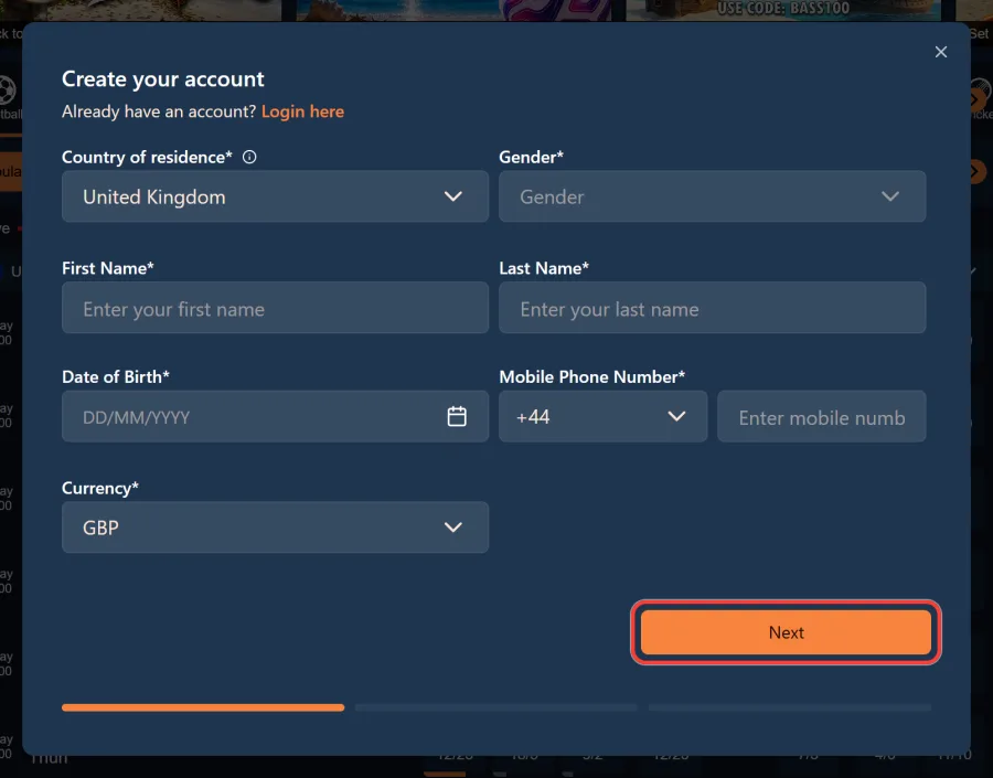 First step of BetAhoy sign up with personal details and the Next button