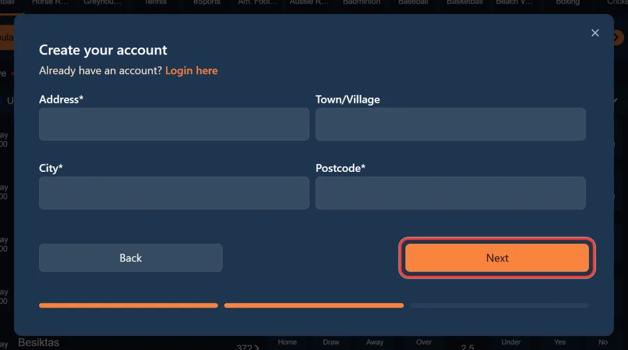 Second step of BetAhoy sign up with address, city and postcode fields