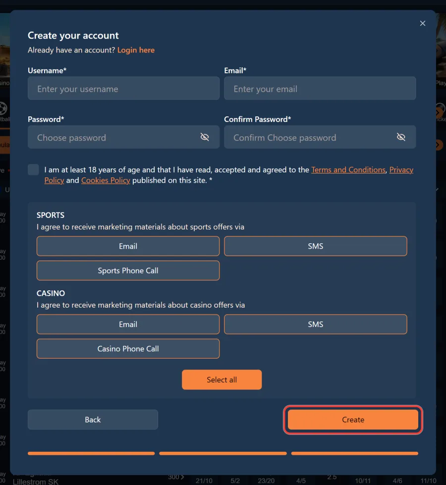 Third step of BetAhoy sign up with username, password and the Create button